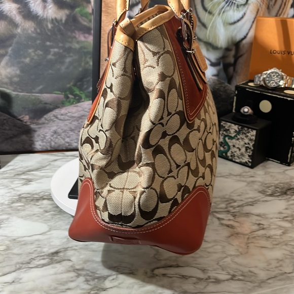 Coach VINTAGE Signature Tote Zip Top Canvas Fabric Rust Suede Top Handle Bag EUC - Picture 5 of 16